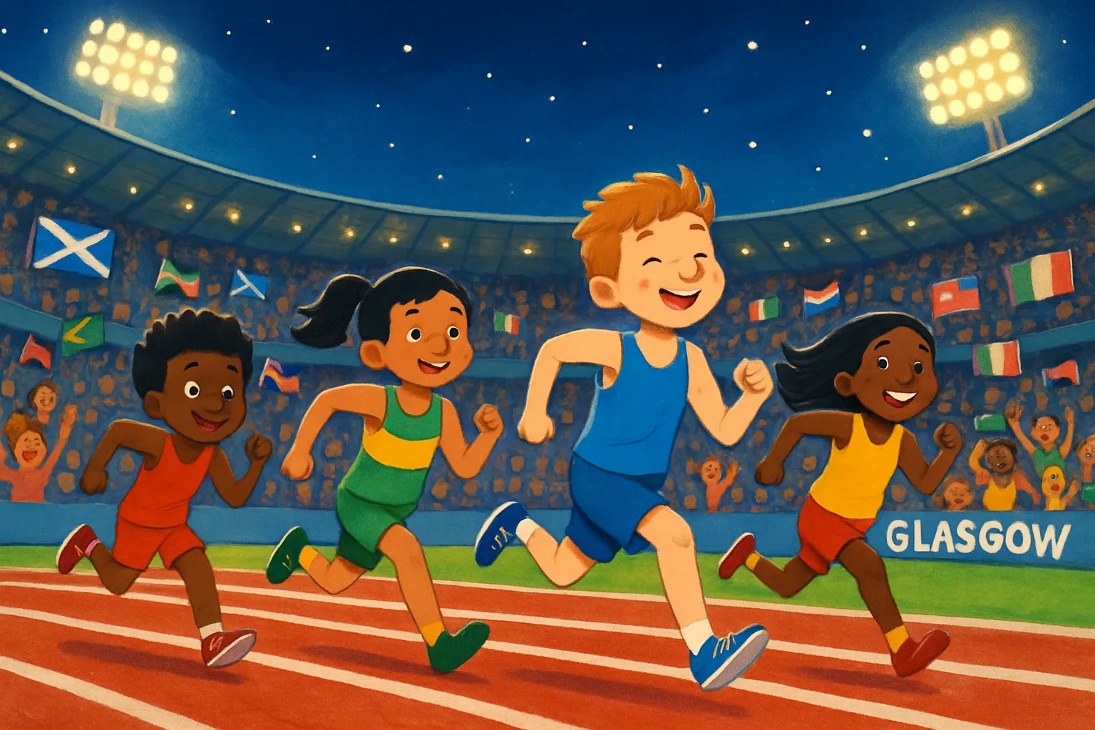 Sprinters racing on a brightly lit track at the Glasgow 2026 Commonwealth Games with a cheering crowd waving flags