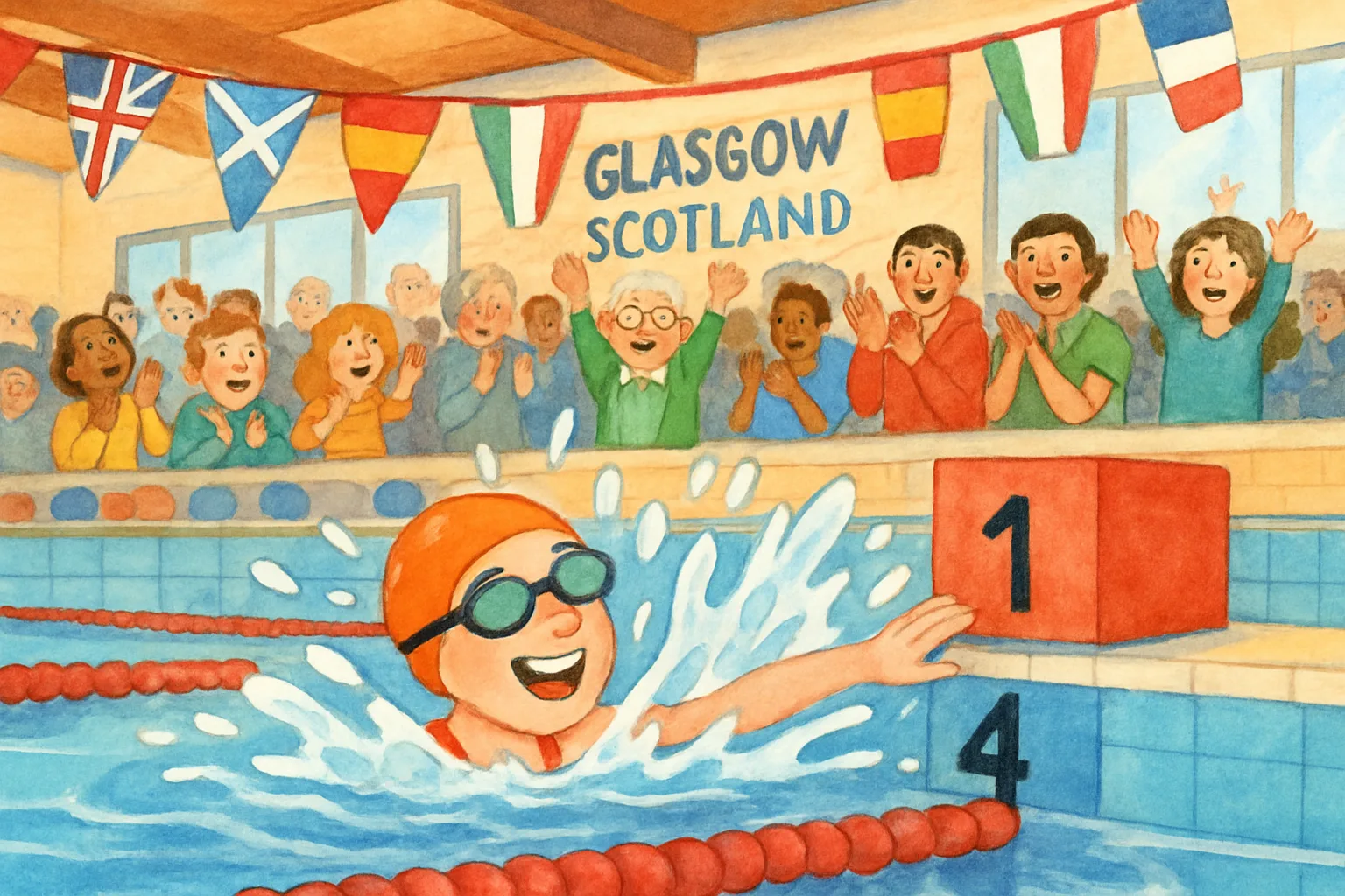 A swimmer touching the finish wall in a brightly lit Commonwealth Games swimming venue with cheering crowds