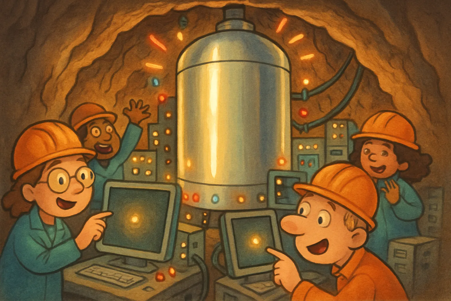 Illustrated underground laboratory with a giant silver tank and scientists watching a mysterious signal on a computer screen