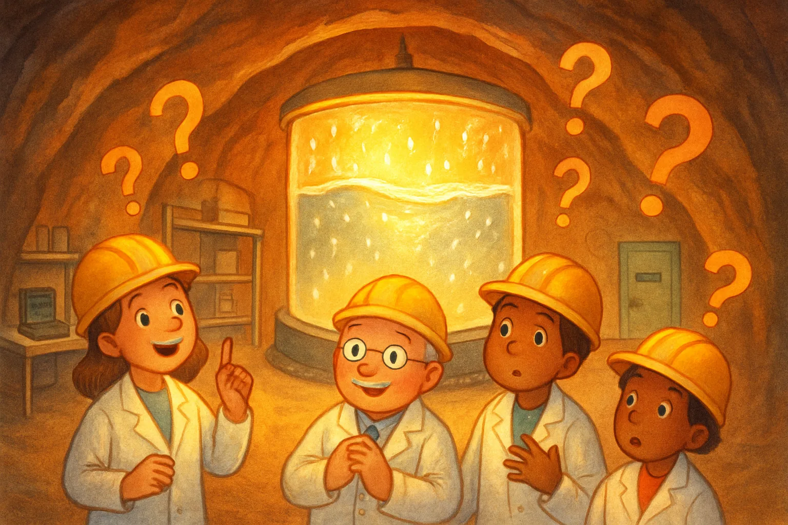 Scientists in a glowing underground laboratory look at a massive detector filled with silvery liquid