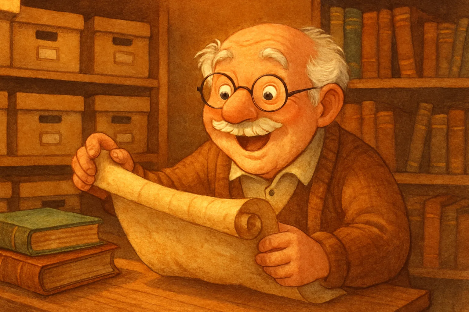 An illustration of a volunteer unrolling an old historic document in a British archive