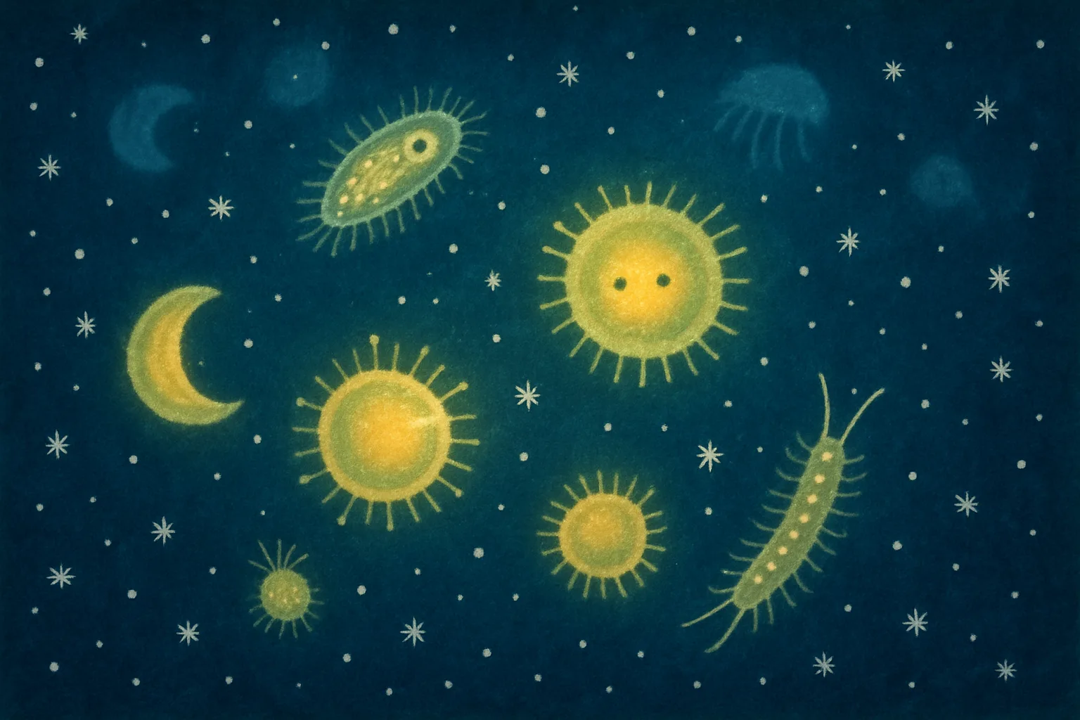 Glowing microbes floating in the dark deep ocean surrounded by drifting flakes of marine snow