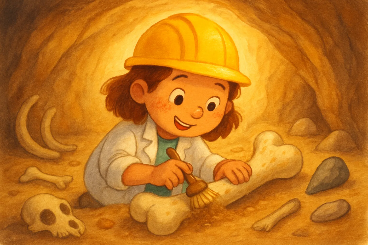 A young scientist brushes dirt off an ancient arm bone inside a cave in China