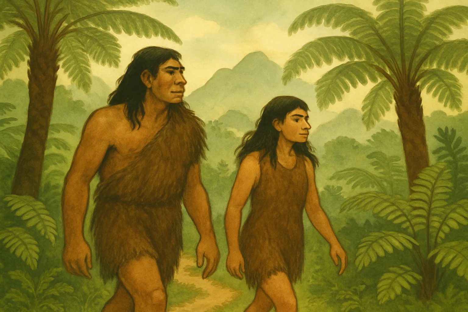 Two tall prehistoric Denisovan humans walking through an ancient forested landscape in East Asia
