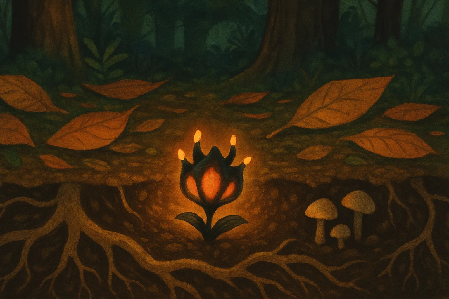 Illustrated black devil flower with tiny horns and orange glow emerging from the dark forest floor in Thailand