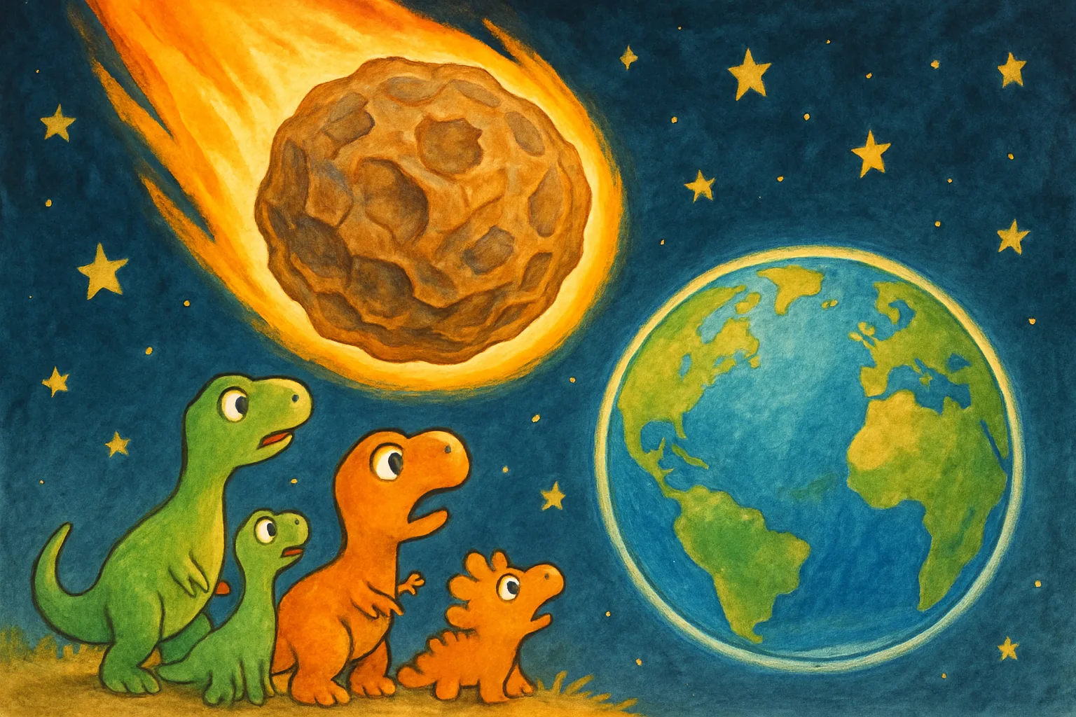Illustrated cartoon of a rare space rock called a CO chondrite flying toward Earth with surprised dinosaurs looking up below