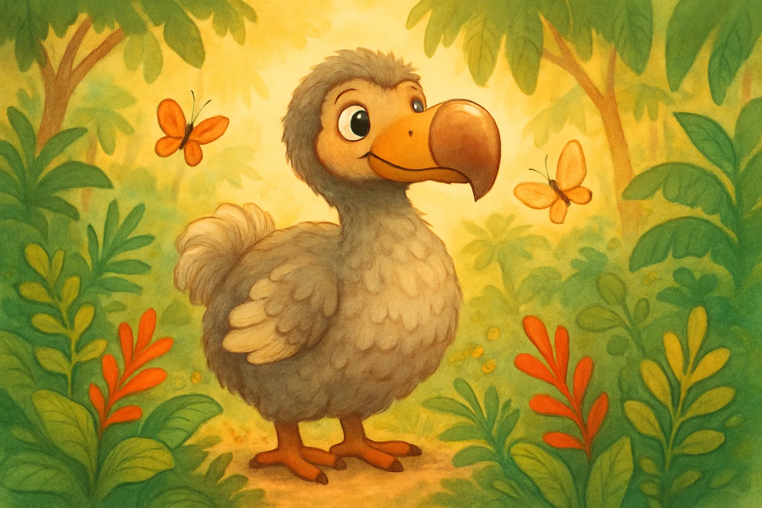 A friendly fluffy dodo bird sniffing the air in a tropical forest