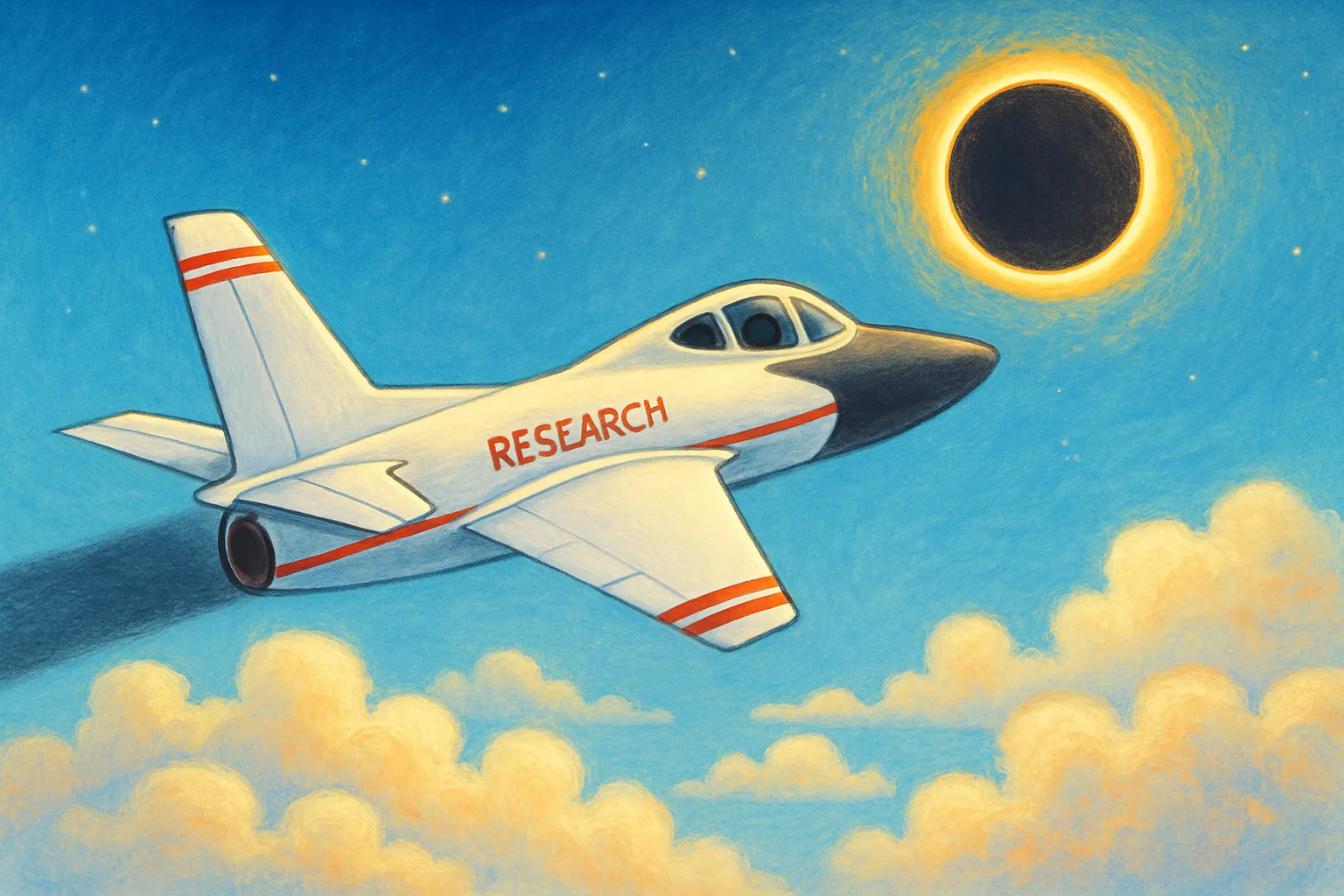A research jet flying toward a total solar eclipse with the sun's glowing corona visible around the moon