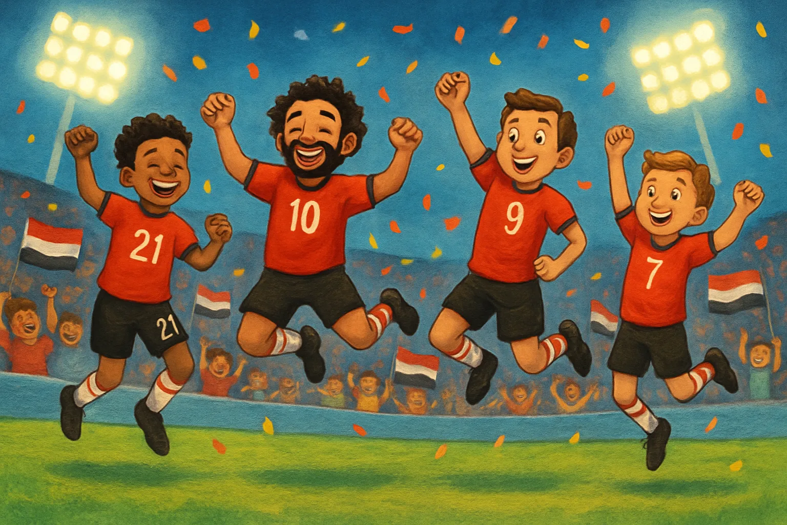 Illustrated Egyptian soccer players celebrating a victory under bright stadium lights with fans cheering