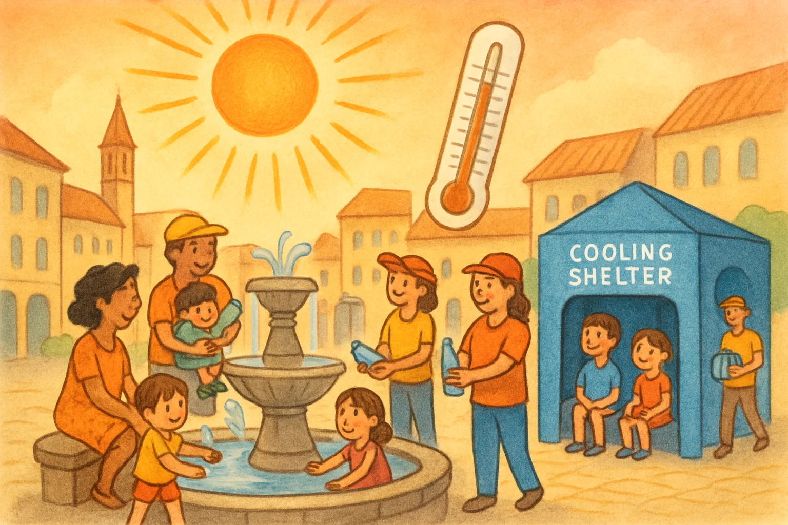 Illustration of a hot European summer day with families cooling off at a fountain while helpers distribute water
