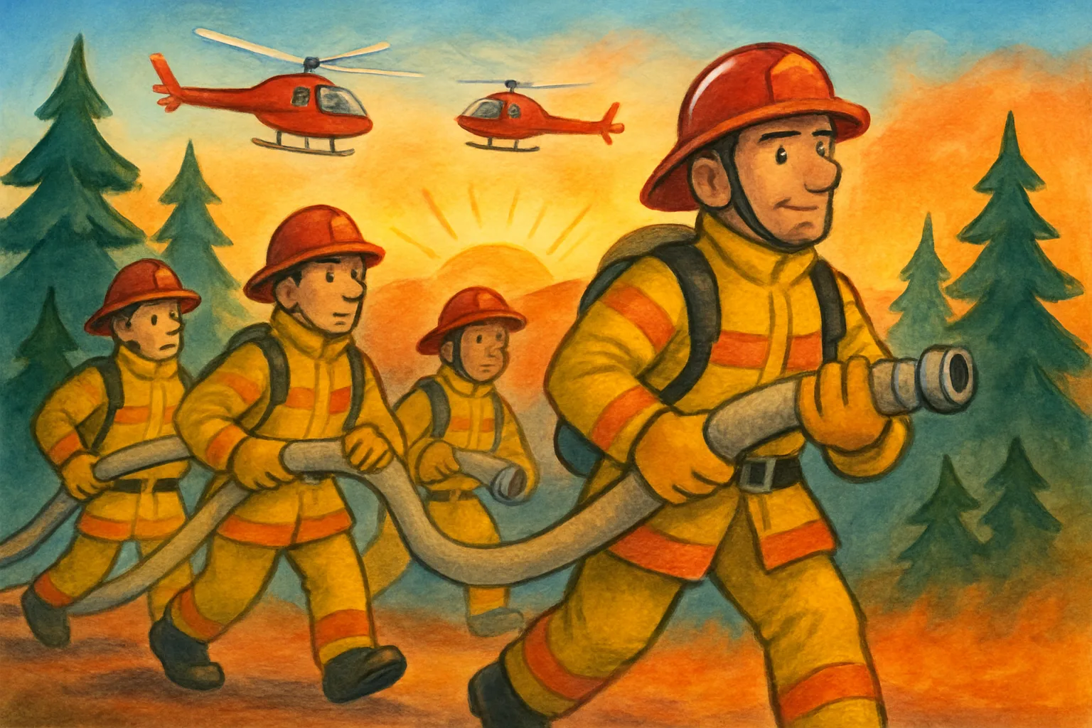 Illustrated firefighters in yellow gear battling a wildfire in a European pine forest with rescue helicopters overhead
