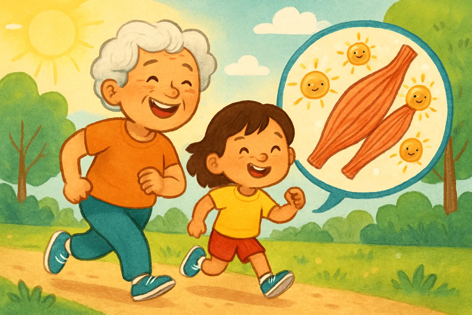 Children's book illustration of people exercising in a park with a fun magnified view of healthy glowing muscle cells