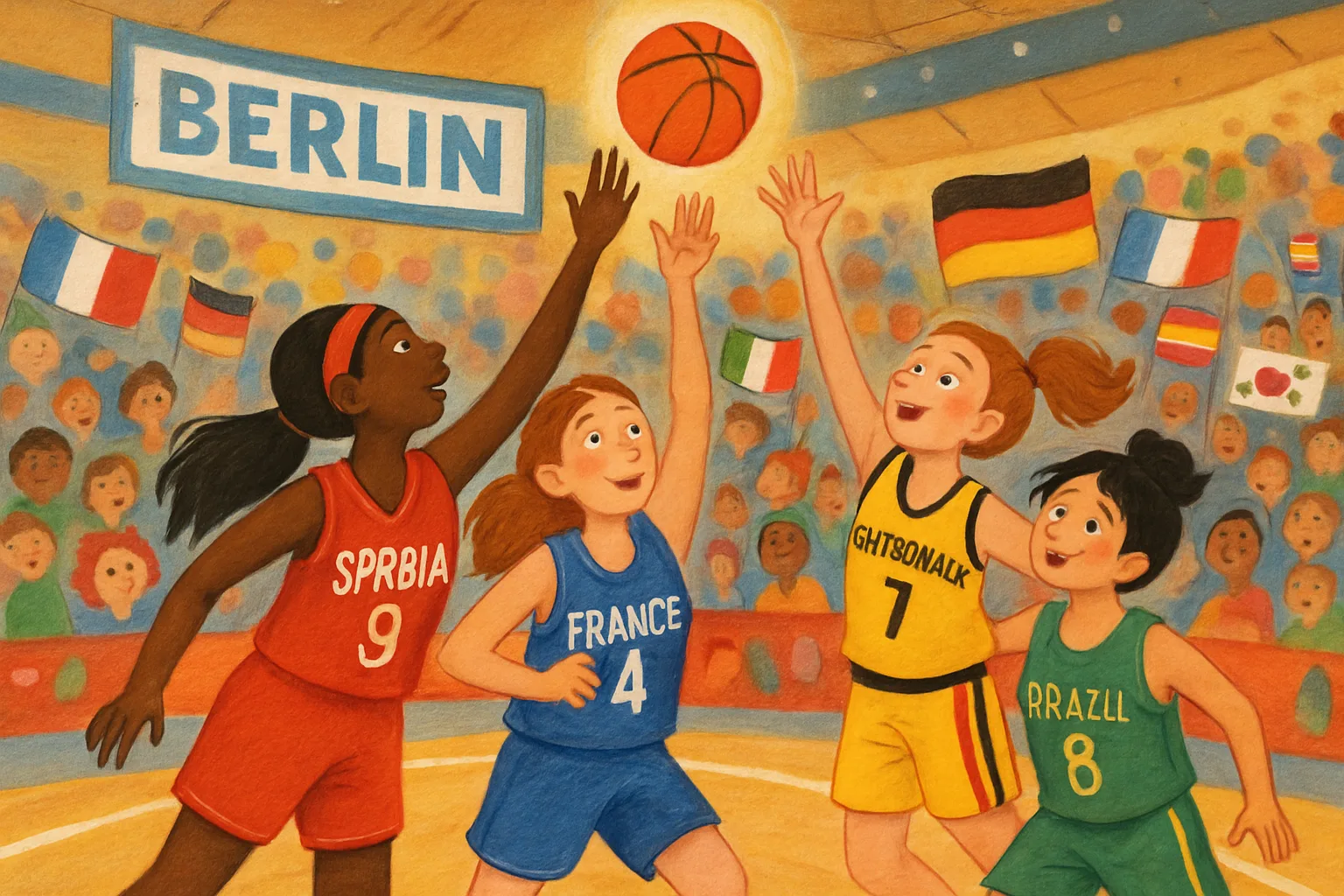 Women basketball players from different countries competing in a colorful arena in Berlin with international flags in the crowd