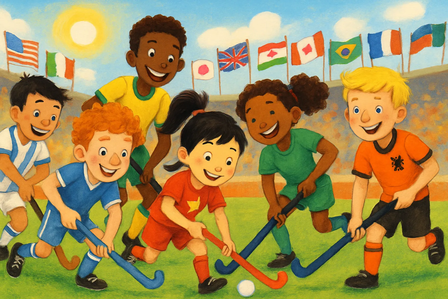 Field hockey players from different countries competing on a bright green turf field with international flags waving