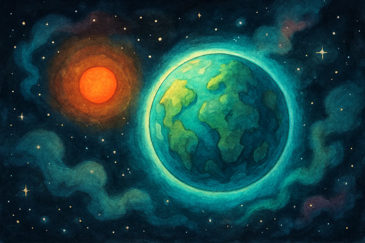 Illustration of a rocky Earth-like exoplanet with a glowing atmosphere orbiting a red dwarf star in deep space