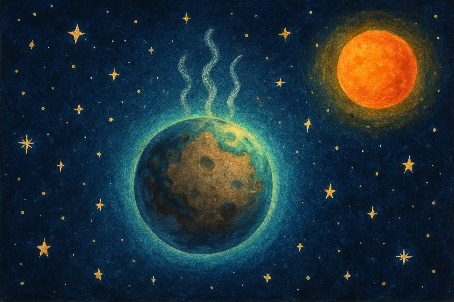 Illustrated rocky exoplanet LHS 1140 b with a glowing atmosphere in deep space, orbiting a red dwarf star