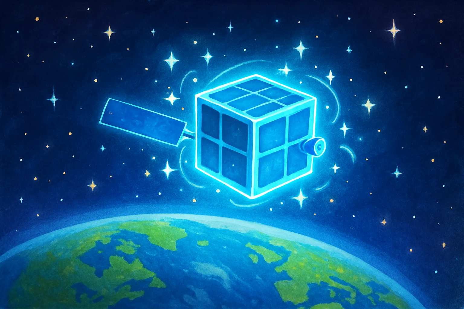 A small glowing blue nuclear-powered cubesat satellite orbiting Earth in space