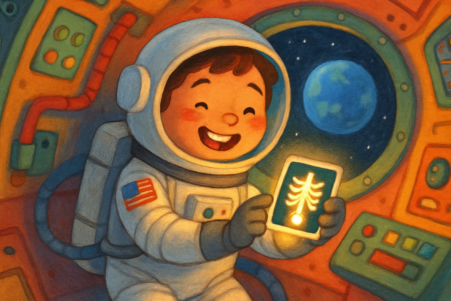 A smiling astronaut floats in a spacecraft while using a small portable X-ray device, with Earth visible through a round porthole window