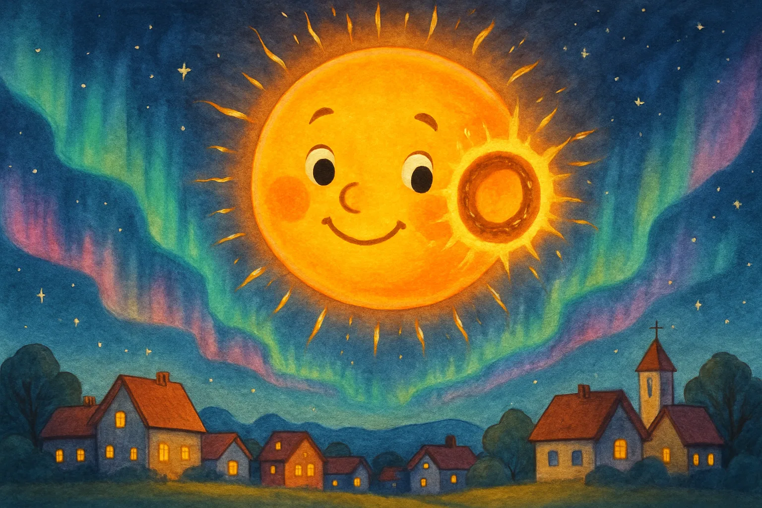 A cartoon Sun with a giant glowing ring-shaped sunspot, and colorful northern lights dancing in the night sky over a small town