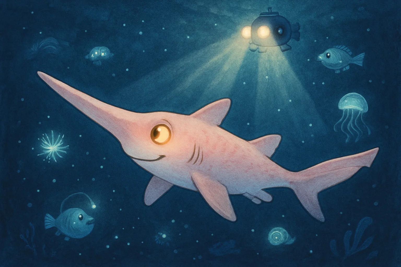 Illustrated goblin shark swimming in the deep ocean surrounded by glowing sea creatures