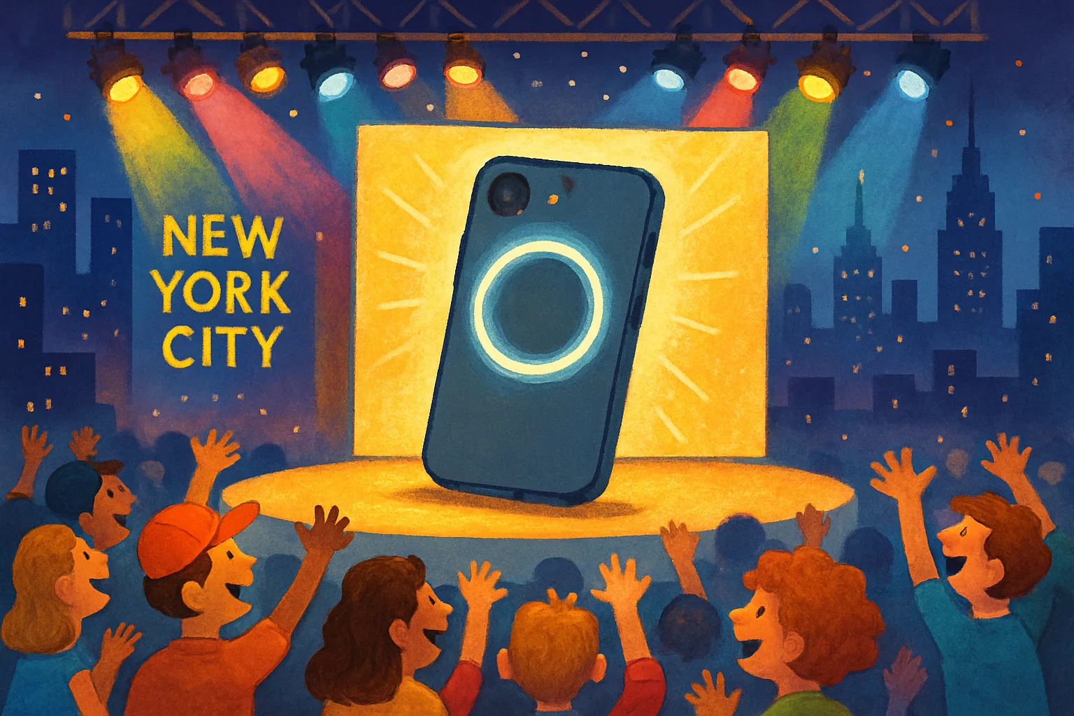 A colorful stage reveal event in New York City with a new Google Pixel 11 smartphone displayed on a giant screen