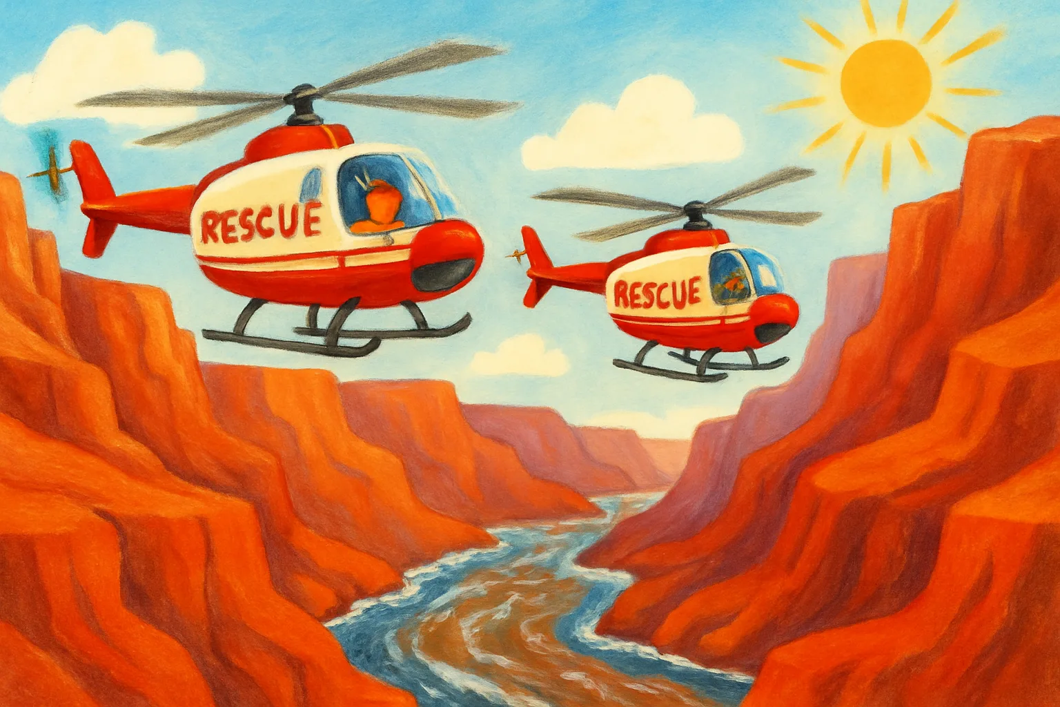 Illustration of rescue helicopters flying over the Grand Canyon