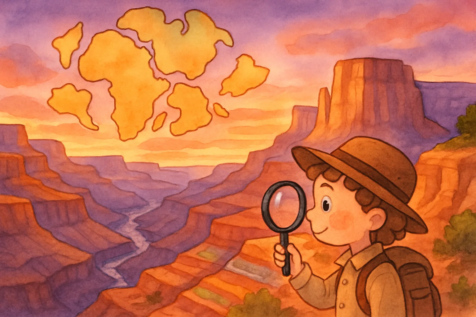 A cartoon geologist examining colorful Grand Canyon rock layers with ancient continent shapes visible in the sky