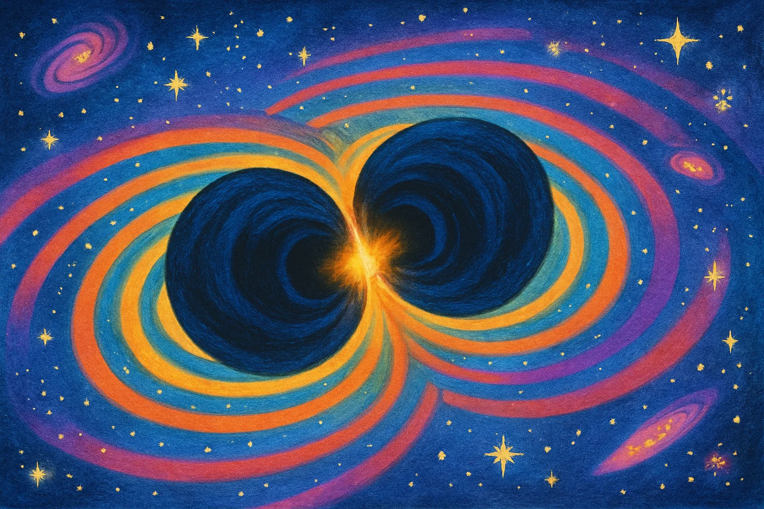 Illustration of two black holes colliding and sending ripple waves through the fabric of space-time