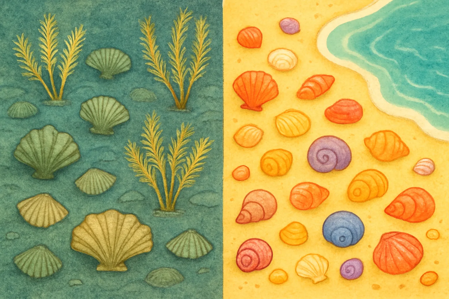 Split illustration showing ancient ocean floor with brachiopods on the left and a modern beach with clam shells on the right