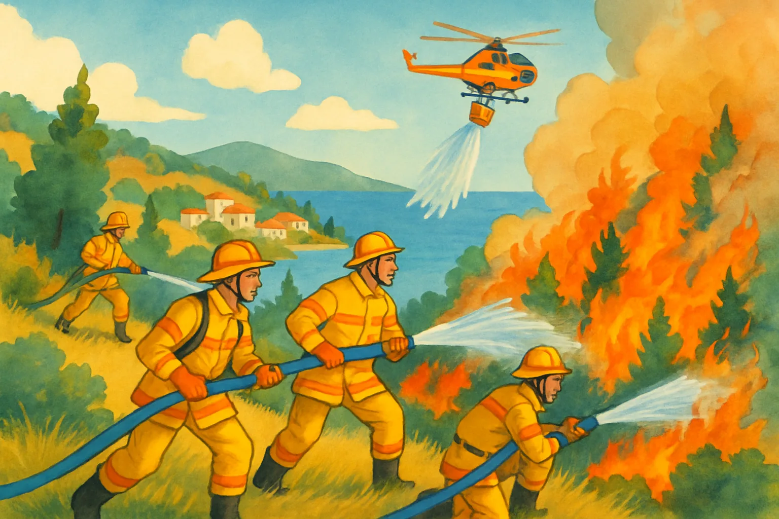 Firefighters and helicopters battling the Western Attica wildfire near Athens, Greece
