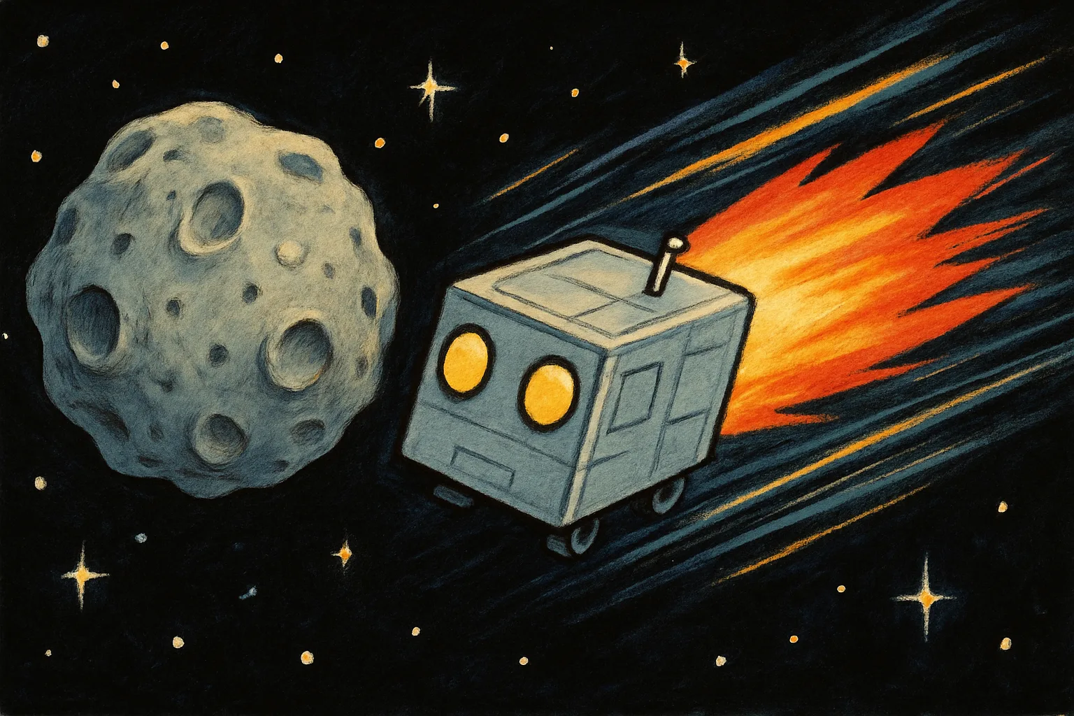 Illustration of the Hayabusa2 spacecraft making a fast close flyby of the rocky asteroid Torifune