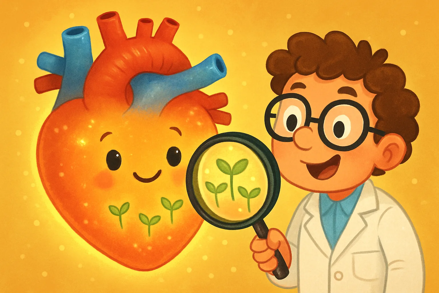 A friendly glowing human heart with tiny new muscle cells growing inside it, observed by a smiling cartoon scientist