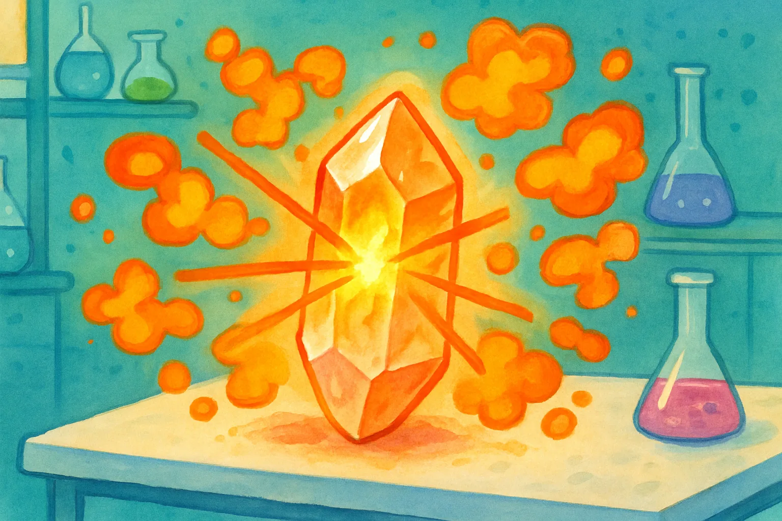A glowing crystal with focused orange beams of heat traveling through it in precise paths, contrasted with scattered heat around it