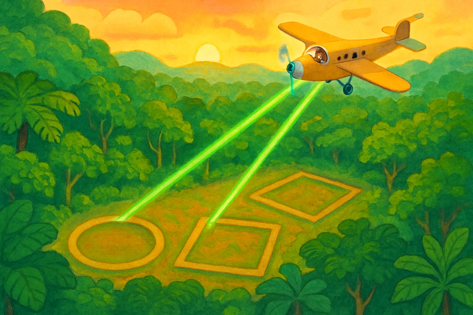 A colorful children's book style view of the Amazon rainforest from above with geometric earthwork shapes glowing through the jungle canopy, revealed by a laser-scanning airplane