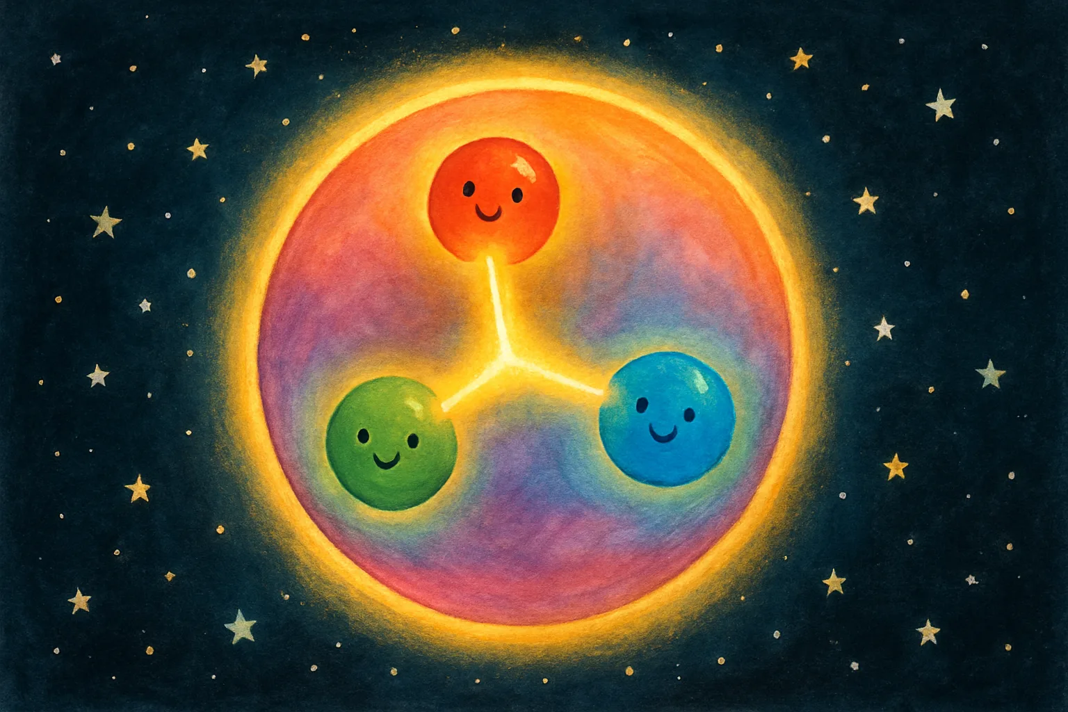 Illustrated glowing proton with three colorful quarks connected by a Y-shaped glow inside, like a cosmic puzzle piece