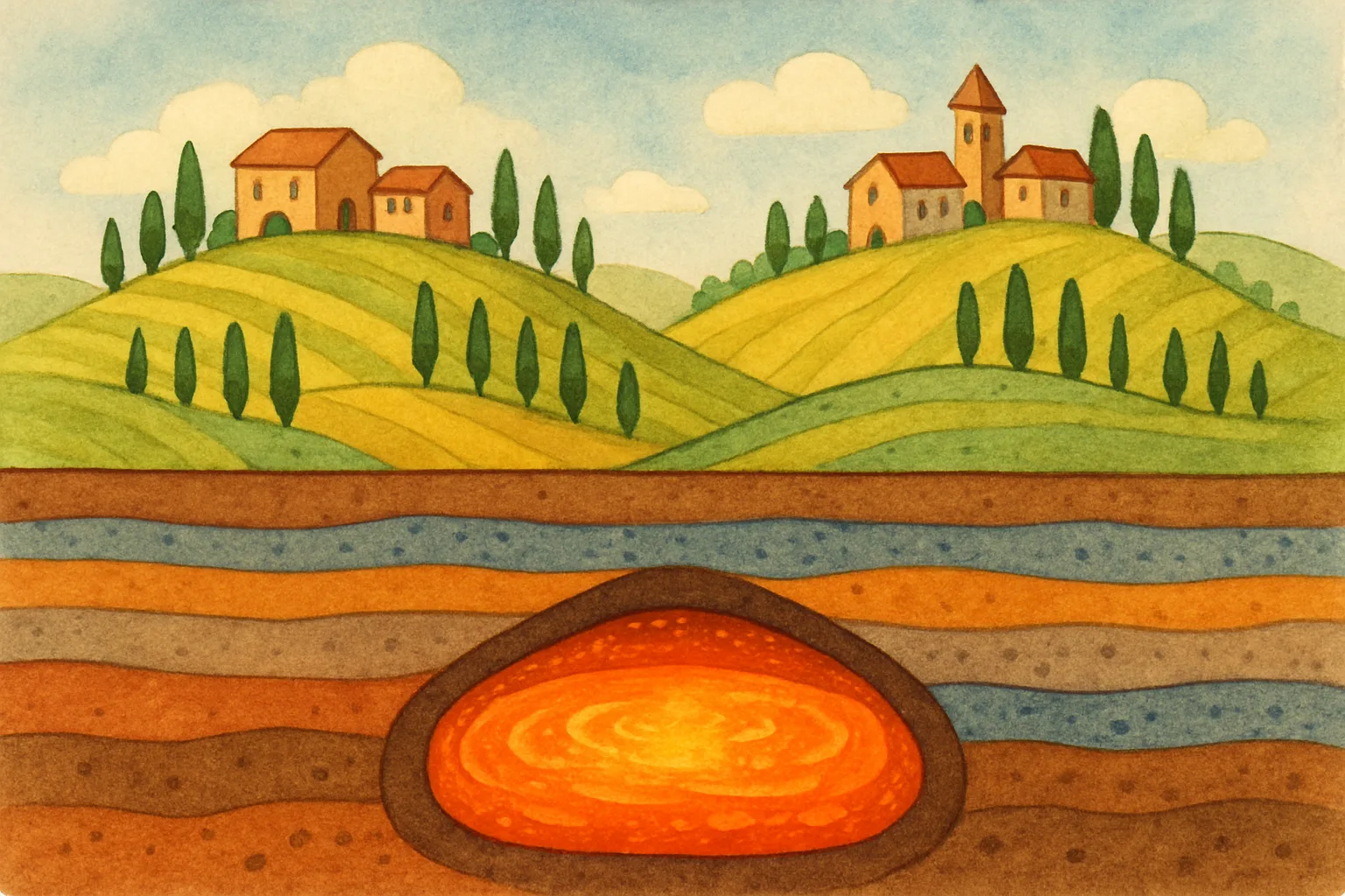 A cross-section of the Italian countryside showing green hills above and a glowing underground magma reservoir far below