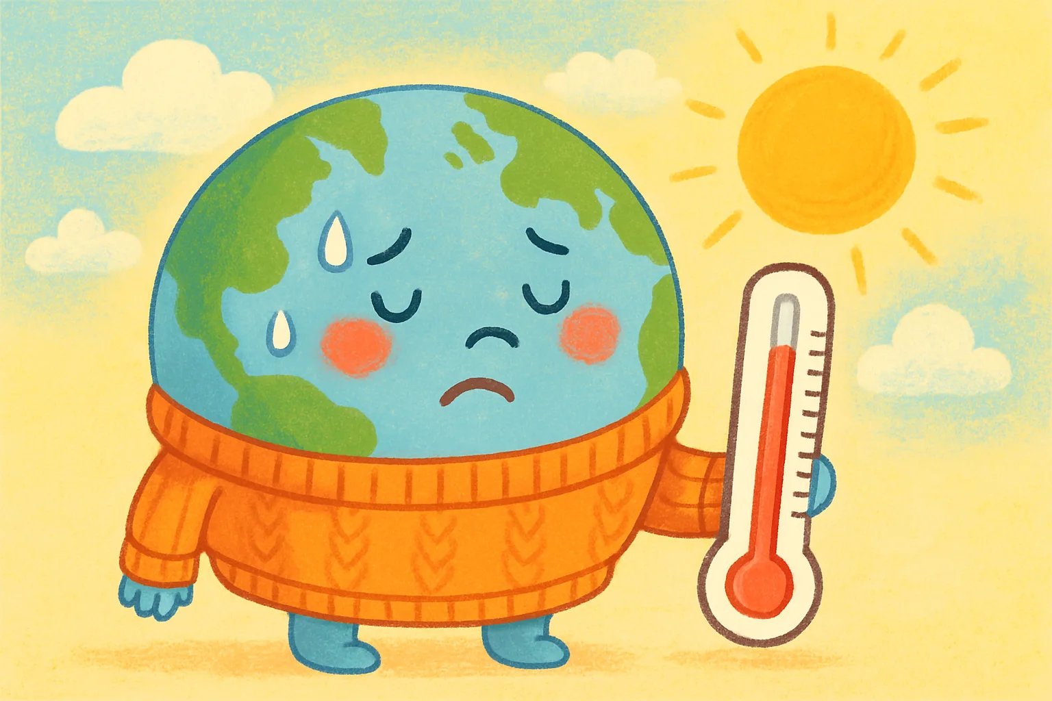 A smiling cartoon Earth wearing a warm sweater on a bright sunny day, with a thermometer showing a high temperature