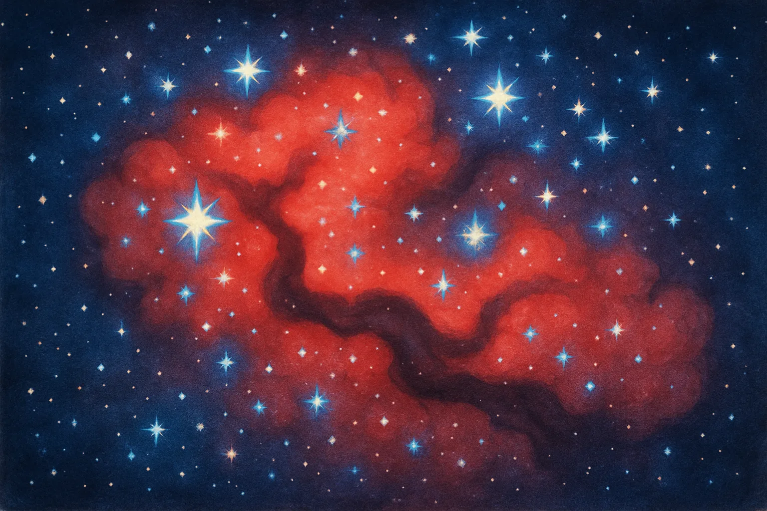 Illustration of the LH 95 stellar nursery — a glowing red hydrogen cloud filled with blue and white newborn stars