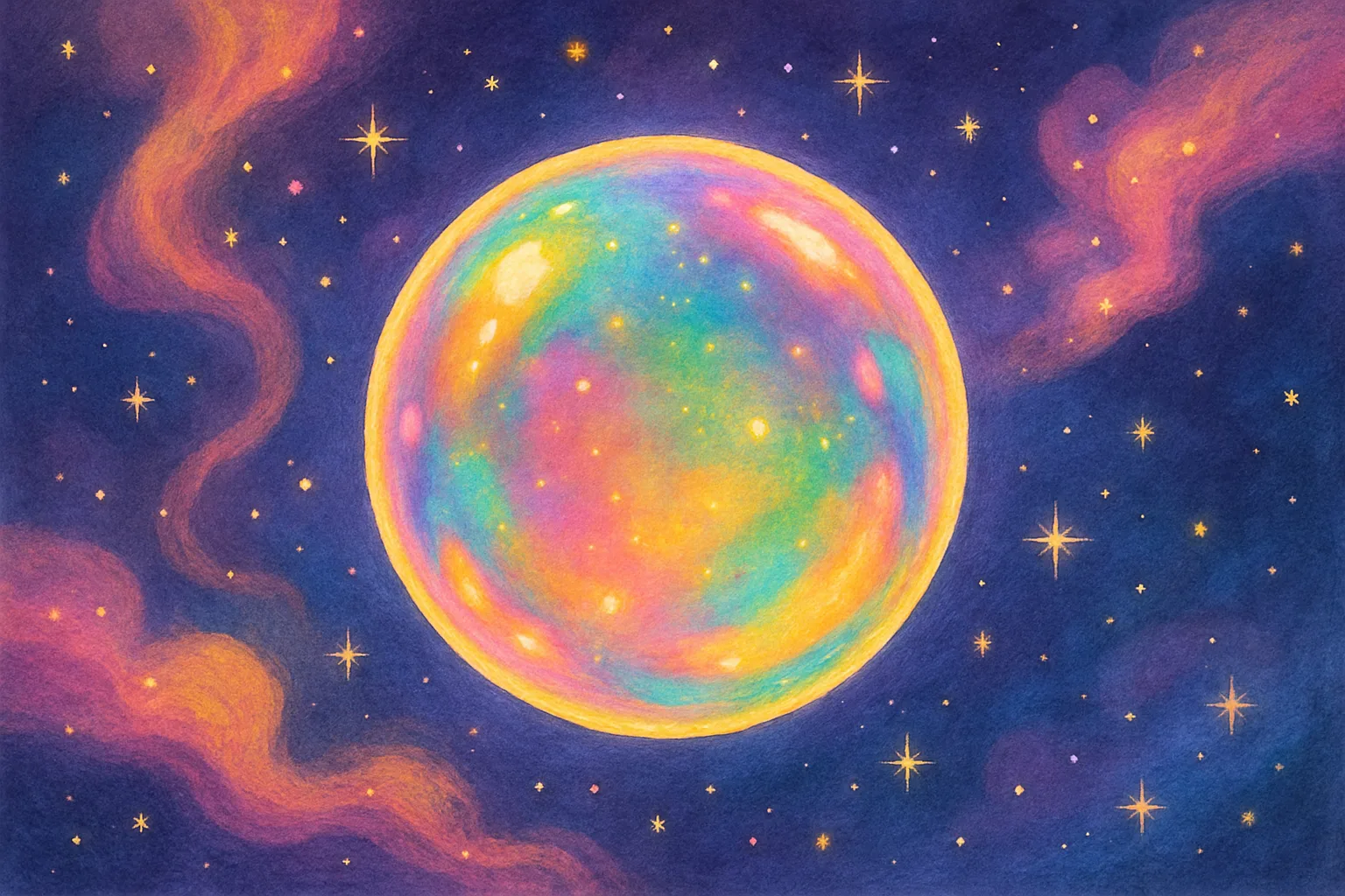 A glowing colorful cosmic bubble surrounded by swirling gas clouds and bright stars in deep space