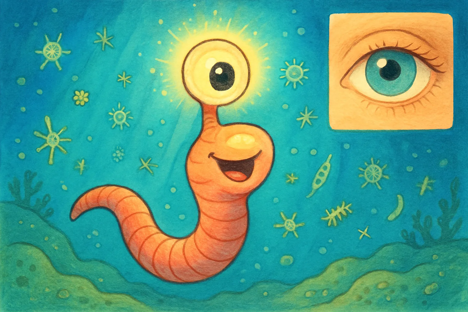 A friendly cartoon ancient one-eyed worm creature swimming in the prehistoric ocean, the ancestor of human eyes