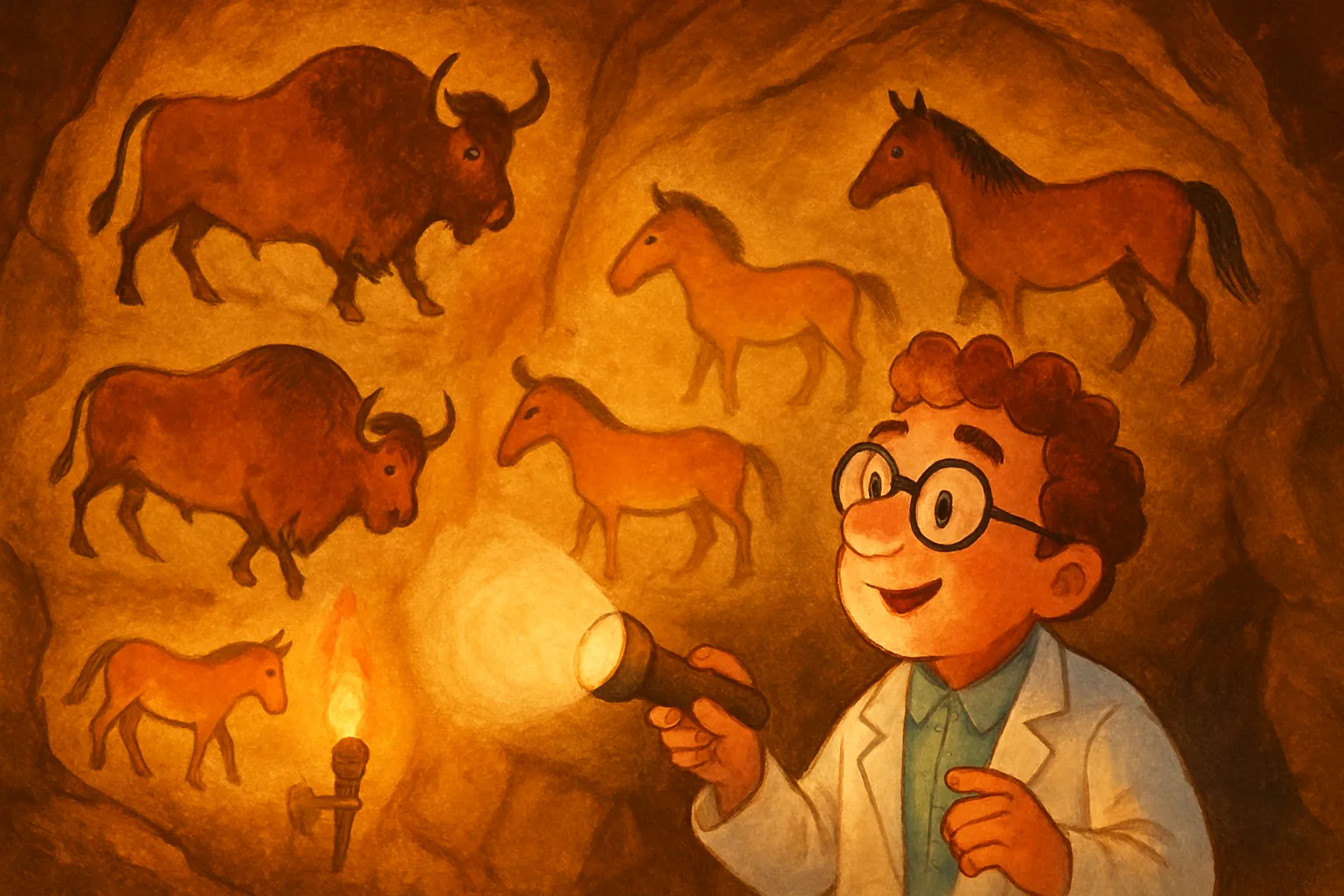 Ancient bison and animal paintings on the walls of a prehistoric cave glowing in warm torchlight
