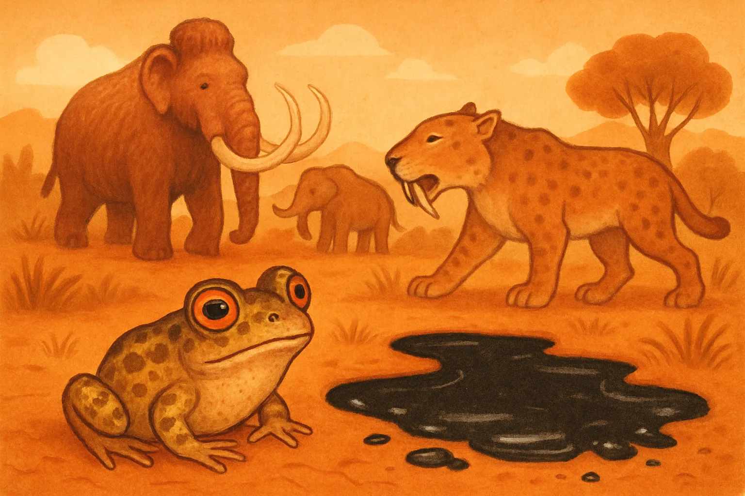 Illustrated small brown spadefoot toad near a bubbling tar pit with a woolly mammoth and saber-toothed cat visible in the misty background