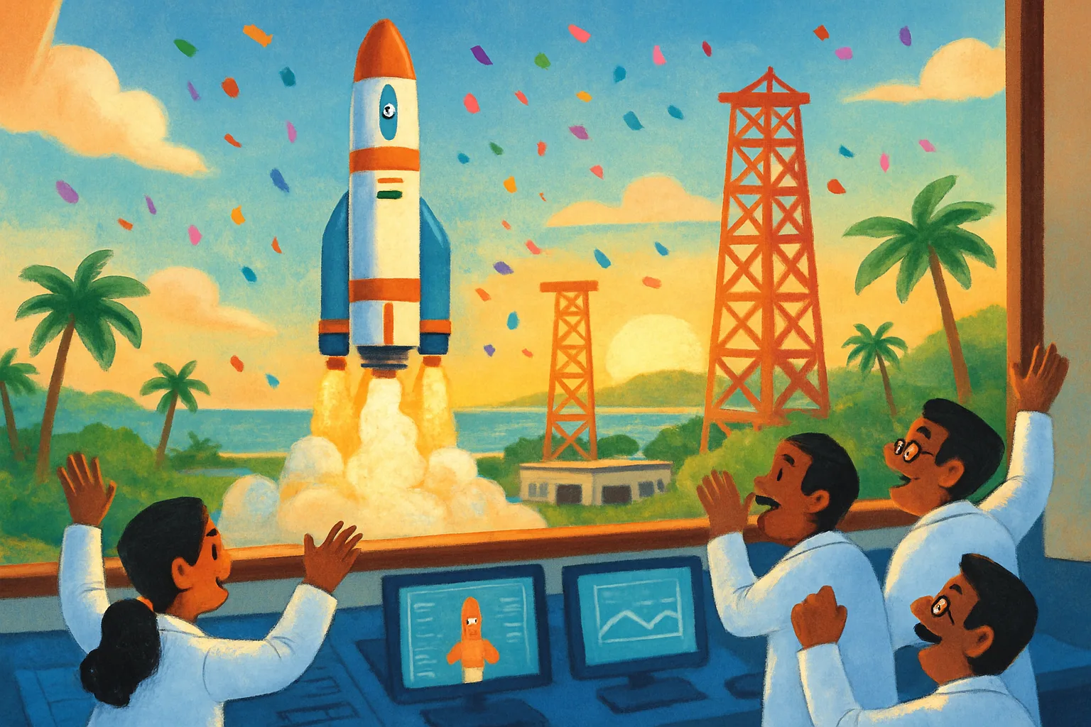 Illustration of India's Vikram-1 rocket lifting off from the Satish Dhawan Space Centre with a trail of fire and smoke