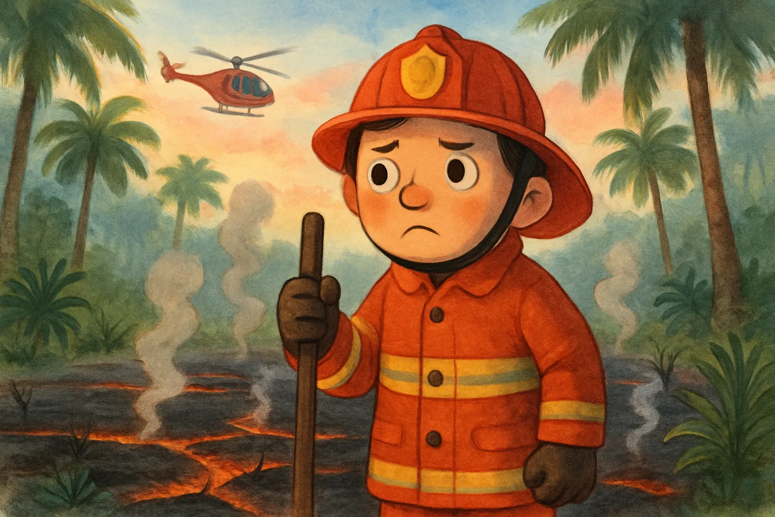 A firefighter in a tropical wetland with smoke rising from underground, rescue helicopter in the distance