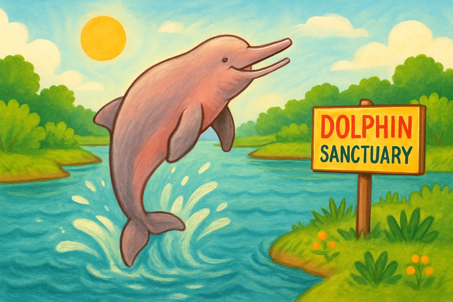 An Indus River dolphin leaping from the river near a dolphin sanctuary sign on the banks of the Indus River in Pakistan