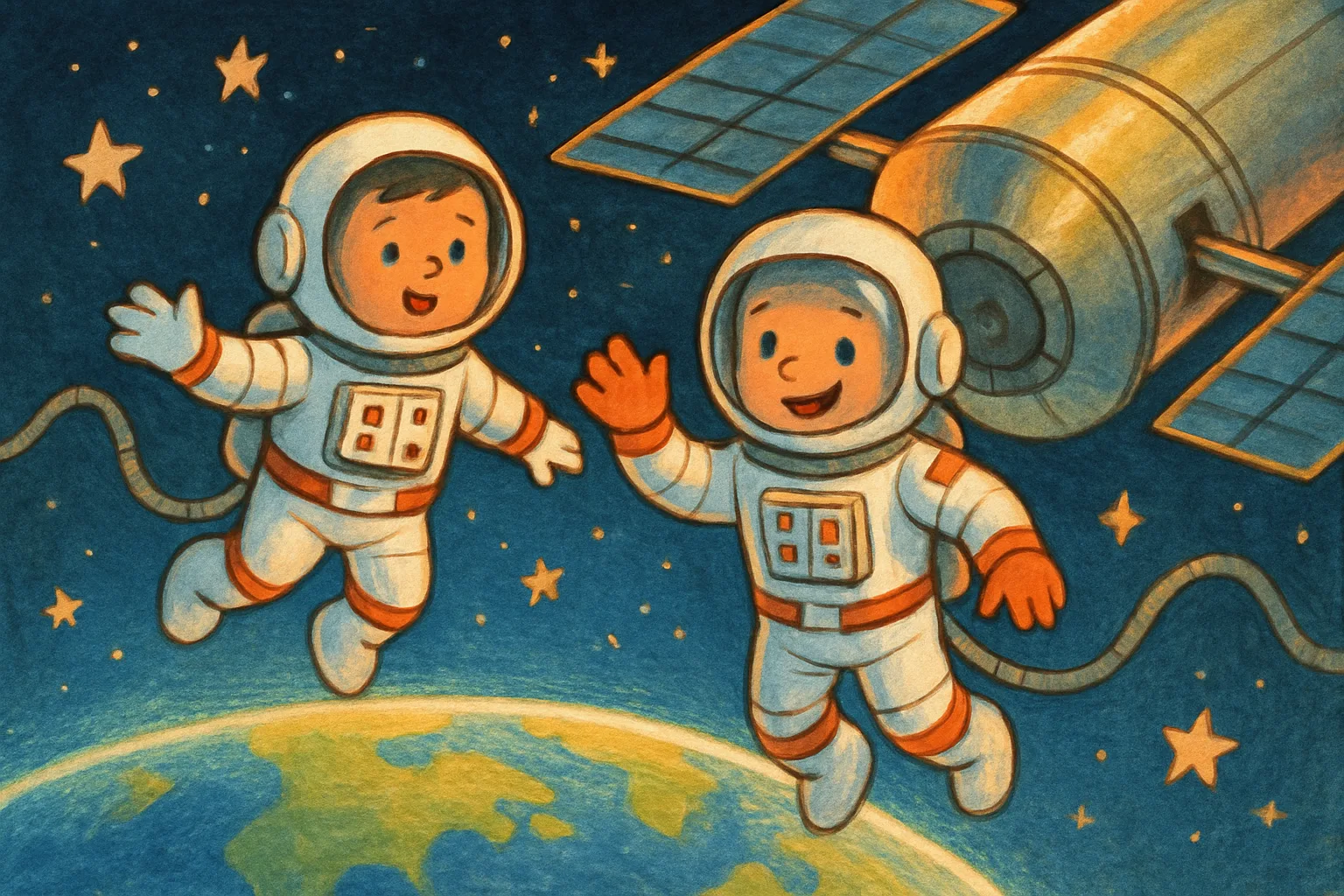 Two astronauts in white spacesuits floating outside the International Space Station above Earth