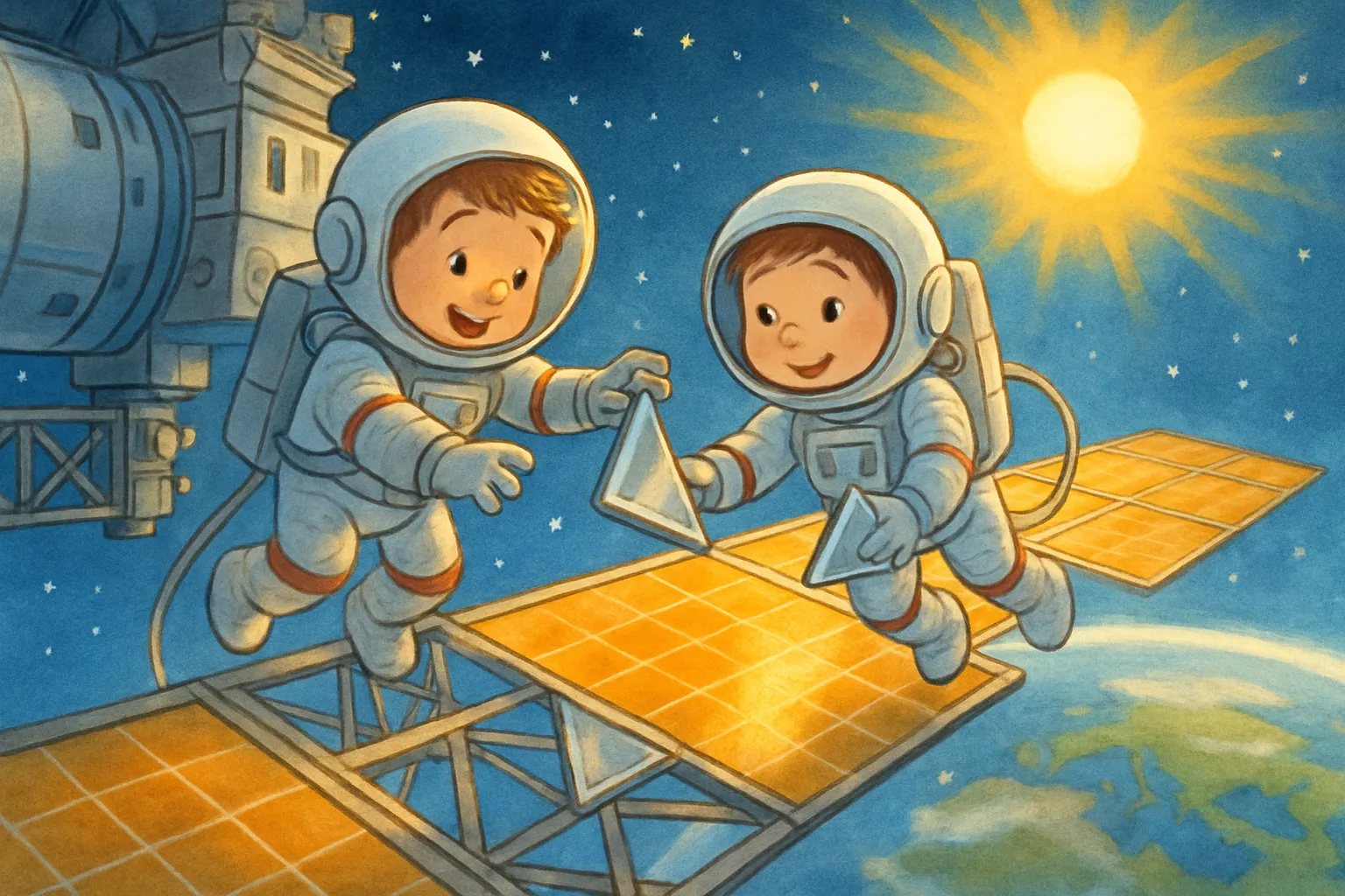 Two astronauts in spacesuits installing solar array hardware outside the International Space Station with Earth visible below