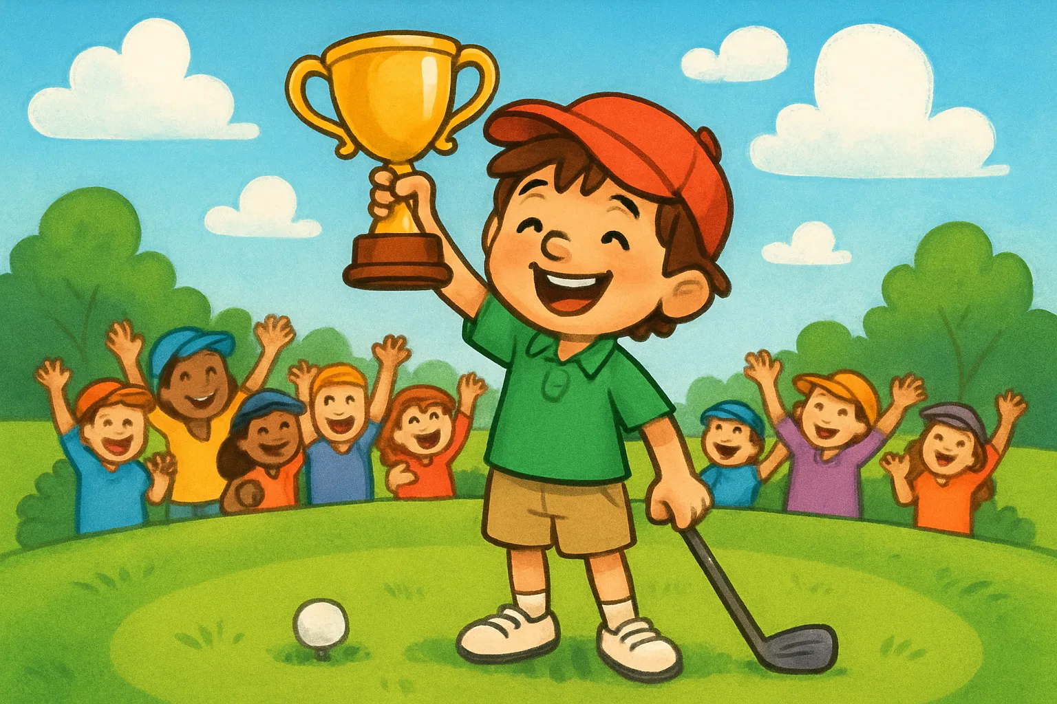 A young golfer celebrating his first professional tournament win by holding a trophy on a bright green golf course