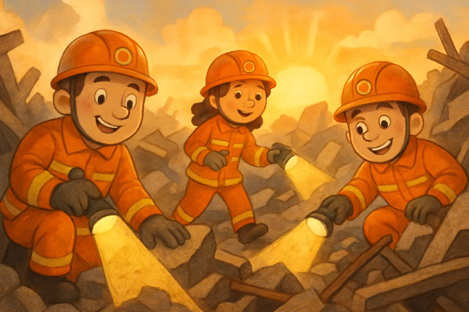 Illustrated rescue workers in orange uniforms carefully searching through earthquake rubble at sunrise in Japan