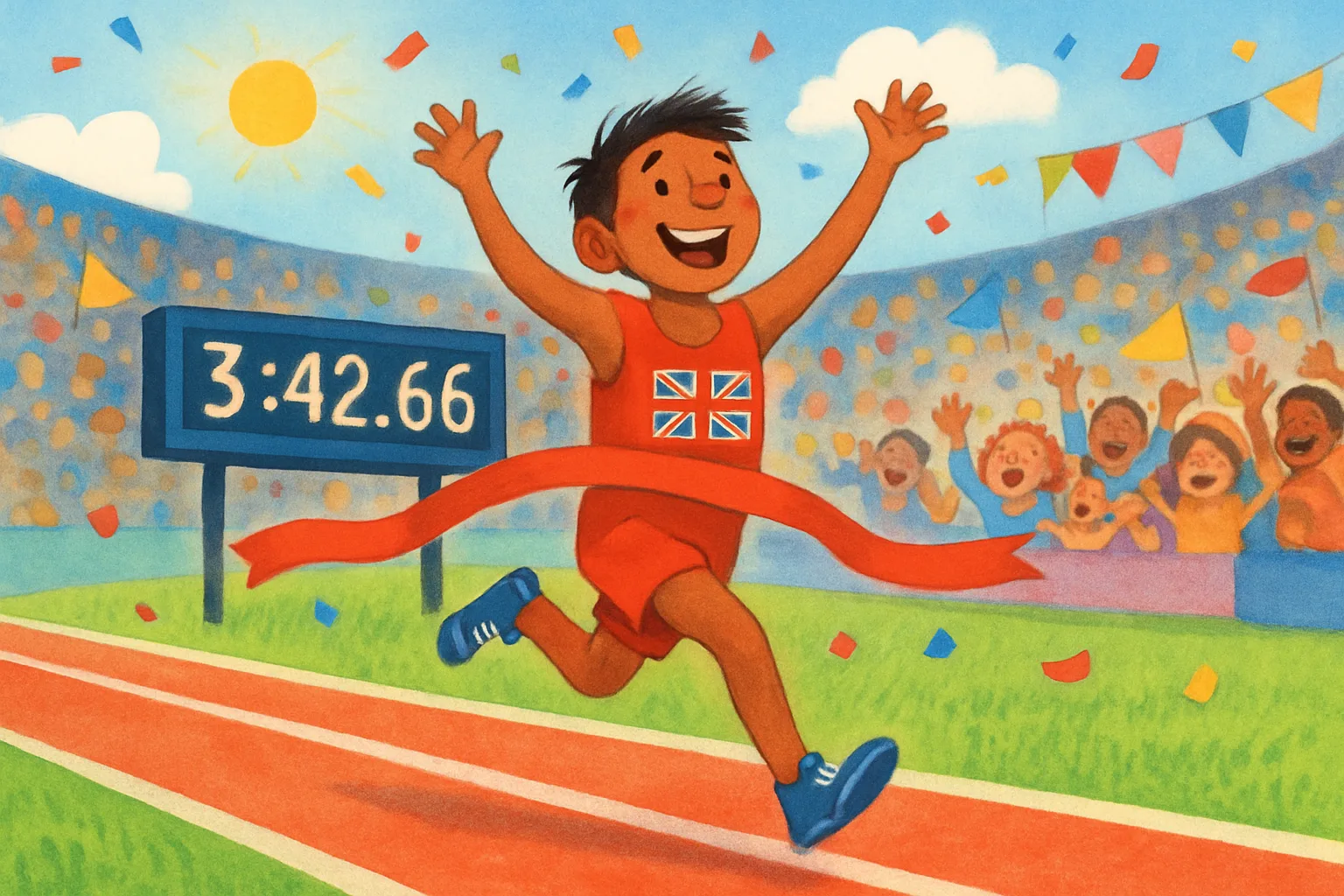 A runner in a British uniform crossing the finish line at a packed London stadium
